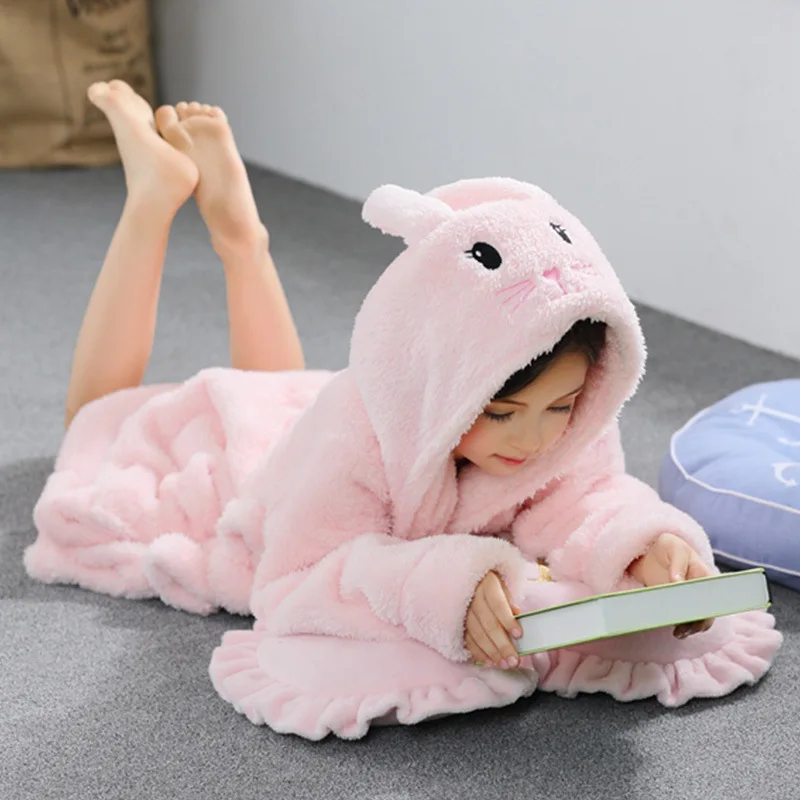 Kids Cartoon Bunny Pajamas Baby Girls Flannel Sleepwear Coral Fleece Winter Bathrobe Children Hooded Towel Robes Pyjamas Clothes