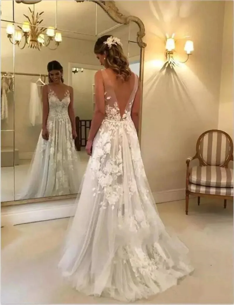 2019-designed-wedding-dresses-v-neck-open-back-sleeveless-illusion-lace-appliques-bridal-gowns-sweep-train-custom-made-a-line-wedding-gowns (2)
