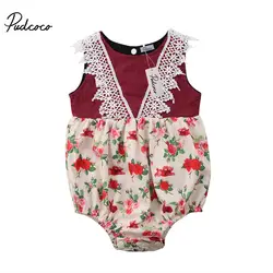 Pudcoco/Одежда для новорожденных девочек, повседневное Кружевное боди без рукавов с круглым вырезом и цветочным принтом для детей 0-24 месяцев