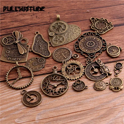 10pcs Vintage Metal Zinc Alloy Mixed Two Clock Pendant Charms Steampunk Clock Charms For Diy Jewelry Making 