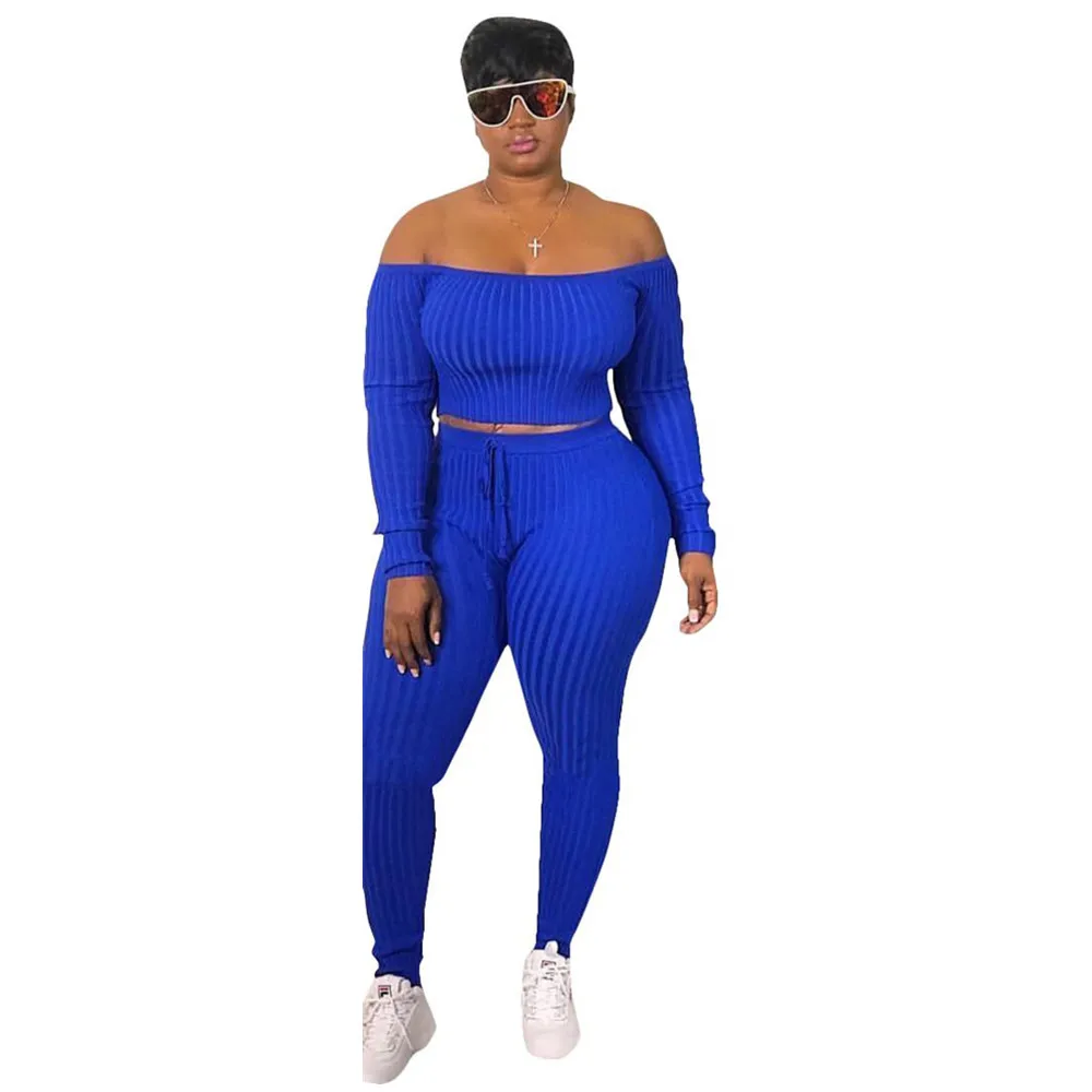 

Two piece set autumn outfits tracksuit women blue ribbed striped slash neck short tops pencil pants ensemble femme dos piezas