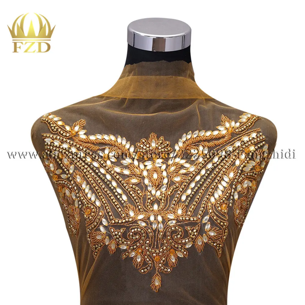 

FZD 1 Piece Elegant Gold Crystal Stone Bodice Patches and Rhinestone Crystal with Gauze for Wedding Dress Decorative Clothes