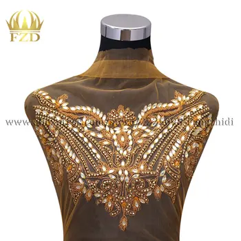 

FZD 1 Piece Elegant Gold Crystal Stone Bodice Patches and Rhinestone Crystal with Gauze for Wedding Dress Decorative Clothes