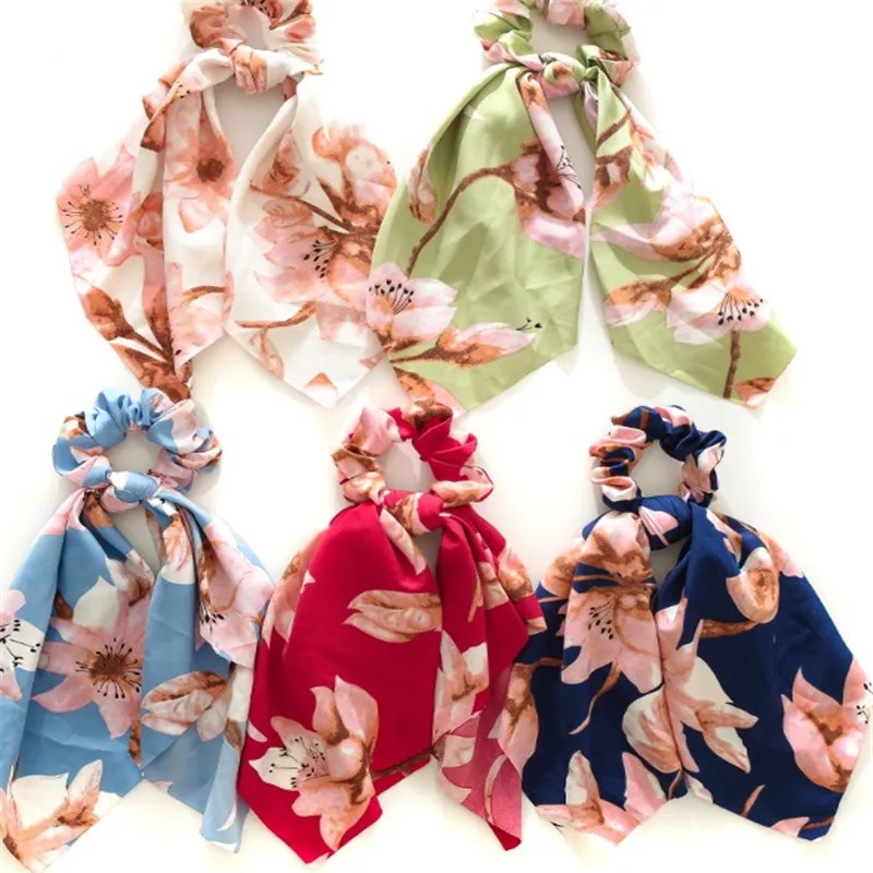

Beach Style Flower Print Women Hair Ring Fashion Girl Hair Bands Scrunchies Horsetail Tie Solid Headwear Hair Accessories