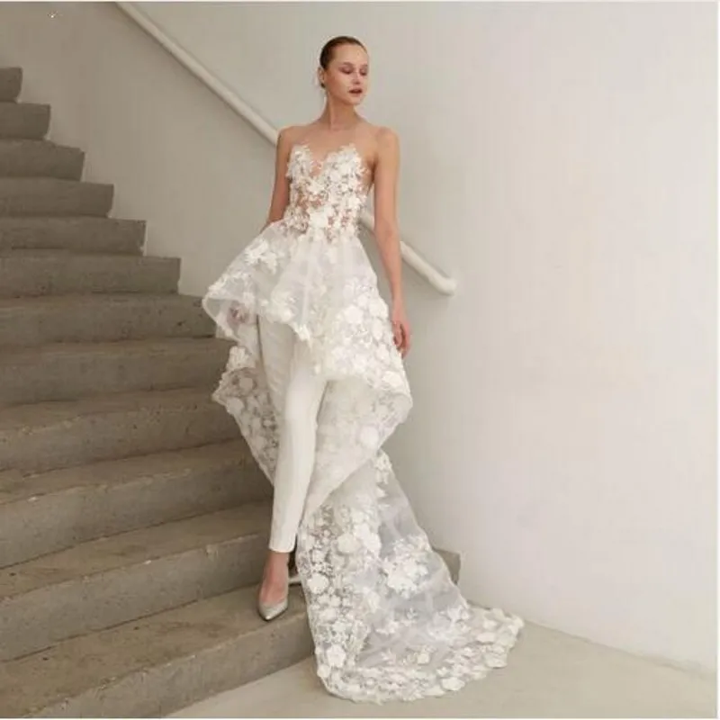 

Pretty Evening Gowns Dresses White 3D Flower Long Tulle Prom Gowns No Trousers Formal Dress robe de soiree Abendkleider