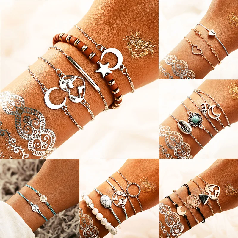 

IF YOU Bohemian Moon Star Handmade Shell Heart Bracelet Sets Women 2019 New Vintage DIY Chain Bead Bracelets Bangles Jewelry