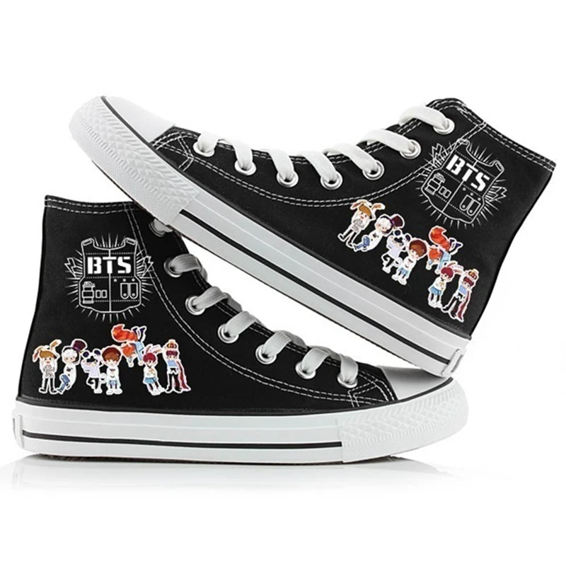 Kpop Unisex BTS Bangtan Meninos Sapatos De Lona De Alta Tênis Sapatos Casuais Lazer Impressão