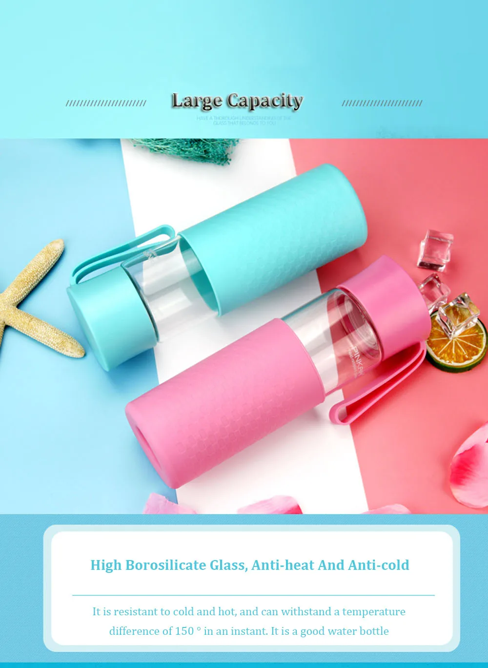 Pinkah Sport Glass Water Bottle With Protective Bag 400500ML Anti-Heat&Cold Protein Shaker High Borosilicate Glass Student Cup  (4)