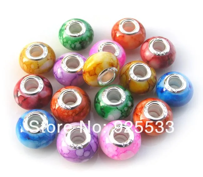 

200pcs/lot 15mm dia. silver plated core big hole acrylic colorful plated beads for European bracelet charms DIY free shipping