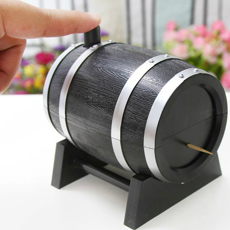 

2017 Creative Black with Silver Color Wine Barrel Plastic Automatic Toothpick Box Container Dispenser Holder Popular New
