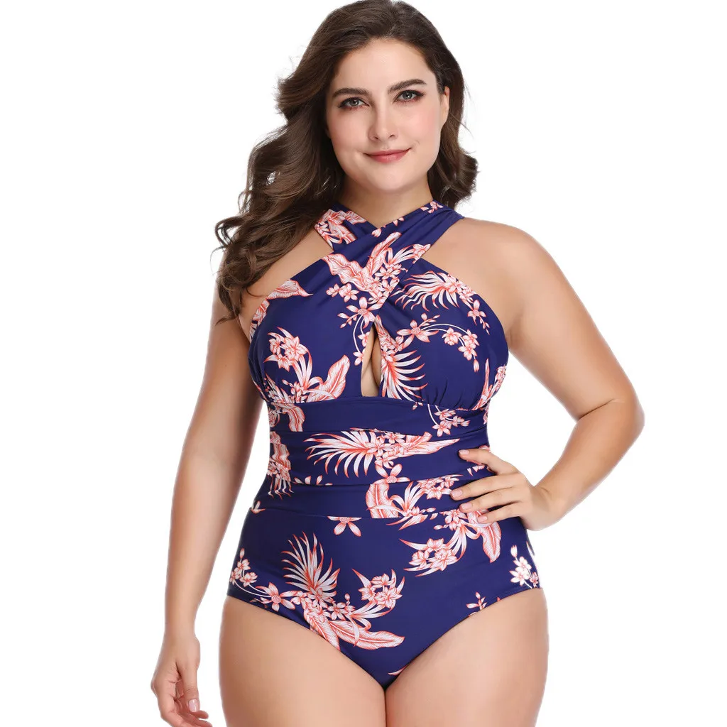 

Plus Size Swimwear Women Blue One Piece Swimsuit Women 2019 Print Swimming Suit For Womens Halter Sexy Swim Suit Womens Swimwear