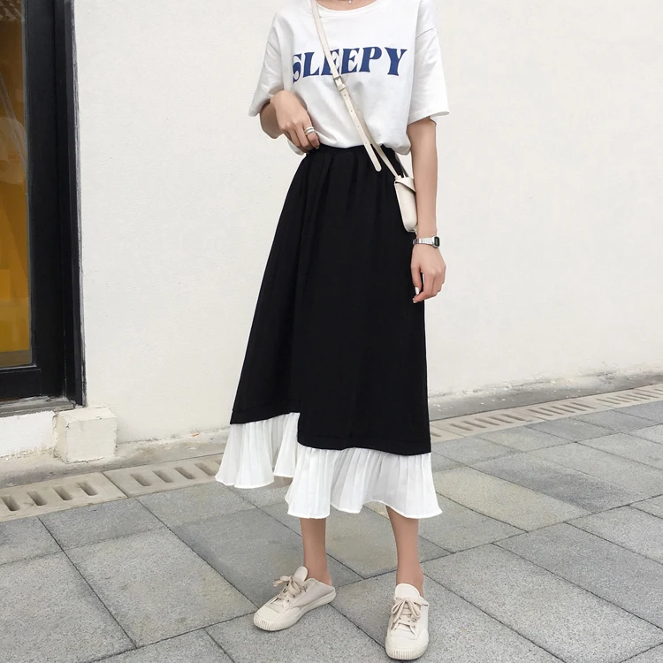 MSSNNG новые летние корейские cChiffon юбка Lloose Уайлд высокая талия, вышивка, слово, длинная куртка с секциями в студенческом стиле юбка