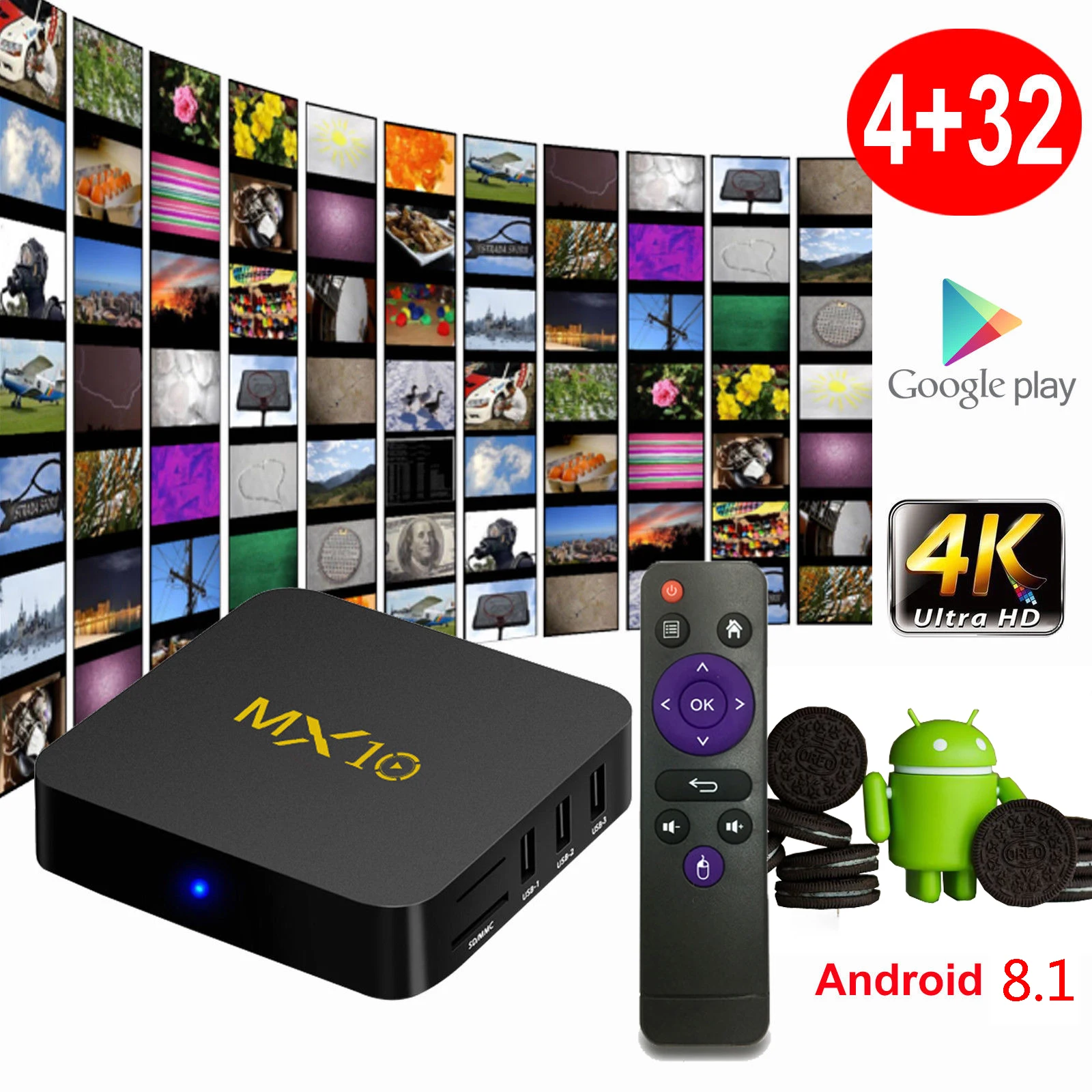 MX10 Android 8,1 пирог 4 + 32 ГБ 4 K Media Player Smart ТВ коробка 64bit 4 ядра UHD Wi-Fi