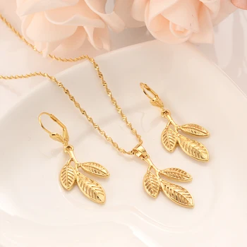 

Dubai India Africa Romantic bride Sets gold leaf necklace drop Ear ring earrings Jewelry Set for women Wedding Bijoux gifts