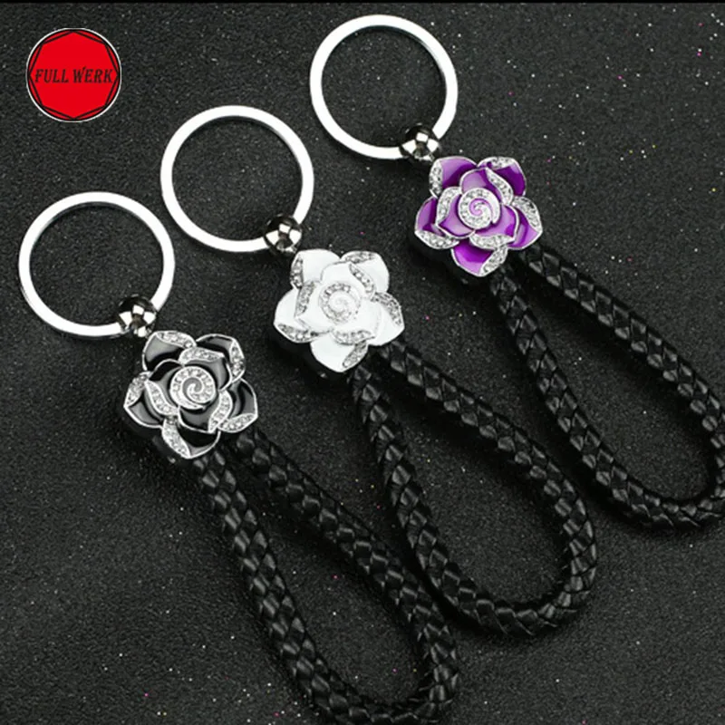 1pc Colorful Car Key Ring Accessories Charm Rhinestones Camellia Flower