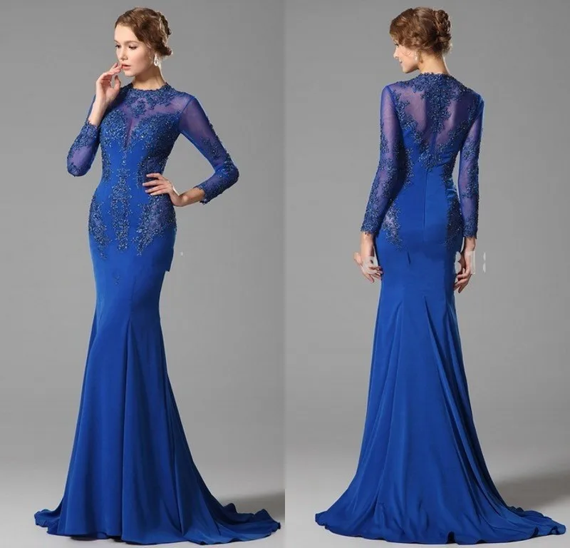 2017 Latest Designs Evening Gowns Long Sleeve Royal Blue Party Dresses Elegant Mermaid Lace