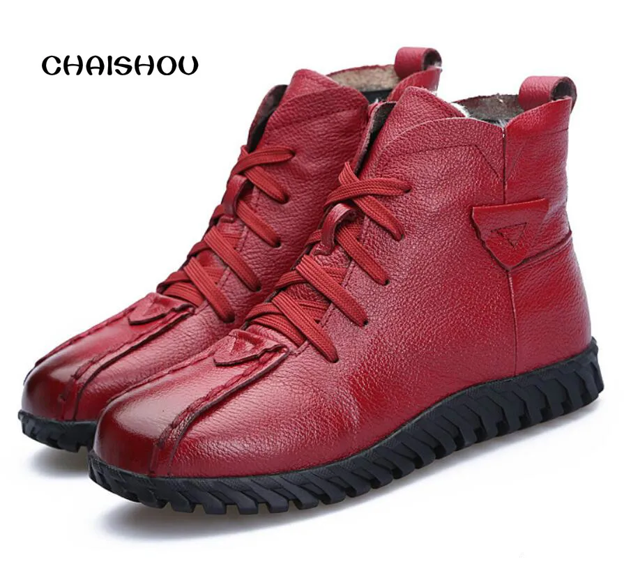 

CHAISHOU botines mujer 2018 ankle boots for women Lace-Up genuine leather casual flat cotton shoes warm wool snow boots