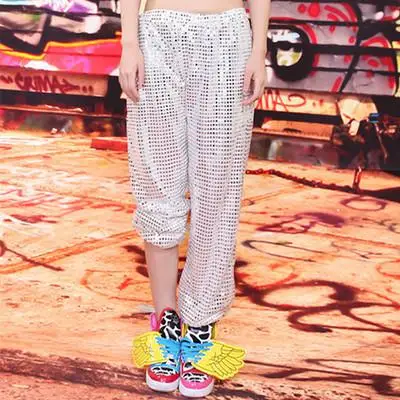 Женский взрослый джазовый танцевальный костюм с блестками, штаны в стиле хип-хоп, одежда с пайетками, современные танцевальные длинные брюки, сценические штаны - Цвет: Белый