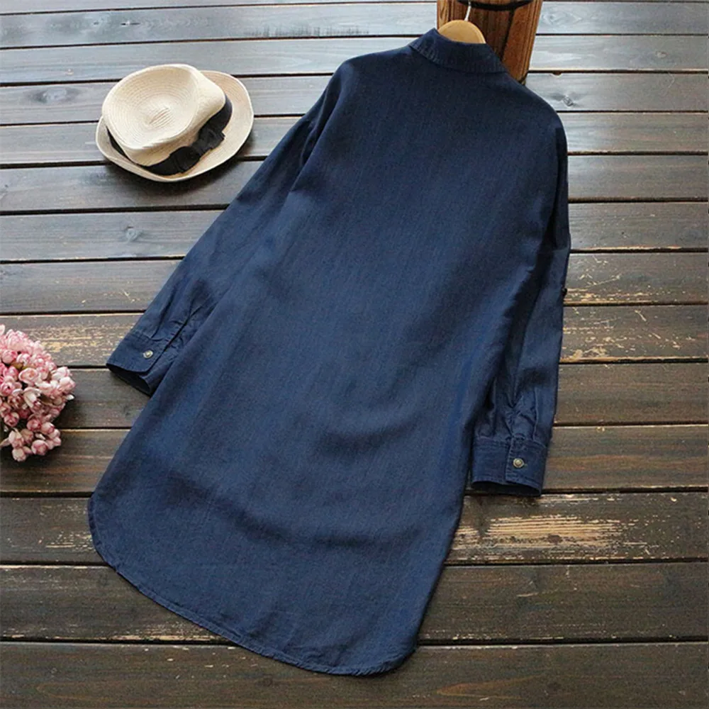  Women Loose Casual Long Sleeve Denim Shirt Autumn Vintage Solid Blue Ladies Blouses Turn-down Colla
