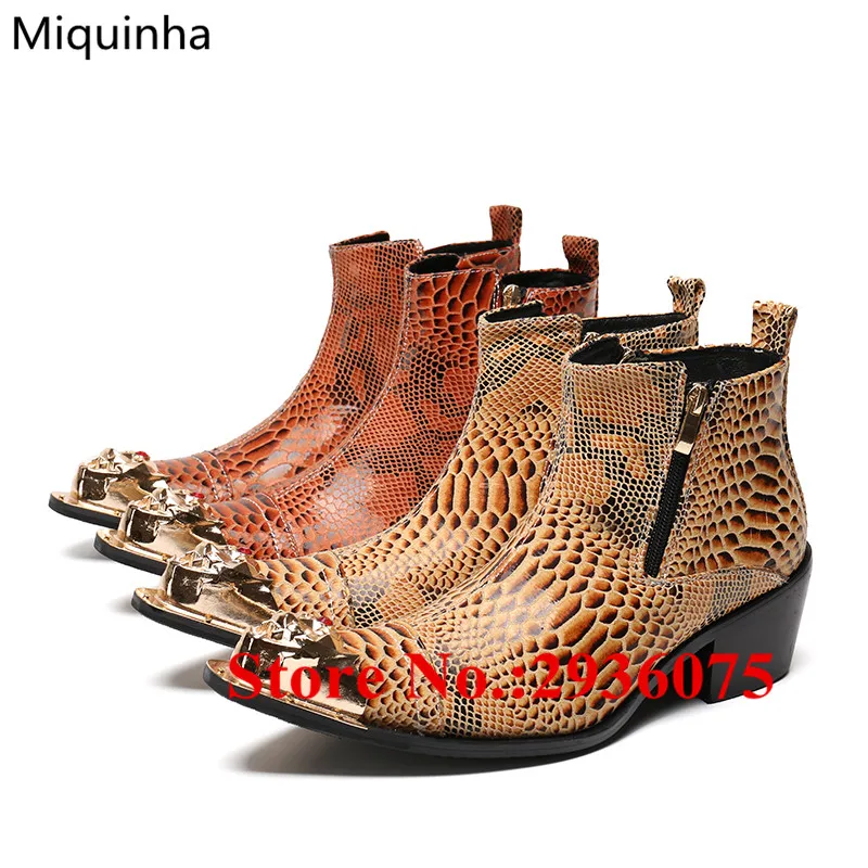 

Bota Masculina Cool Dress Mens Motorcycle Boots Metal Cap-Toe Embossed Python Leather Double Zipper Stacked Heels Ankle Boots