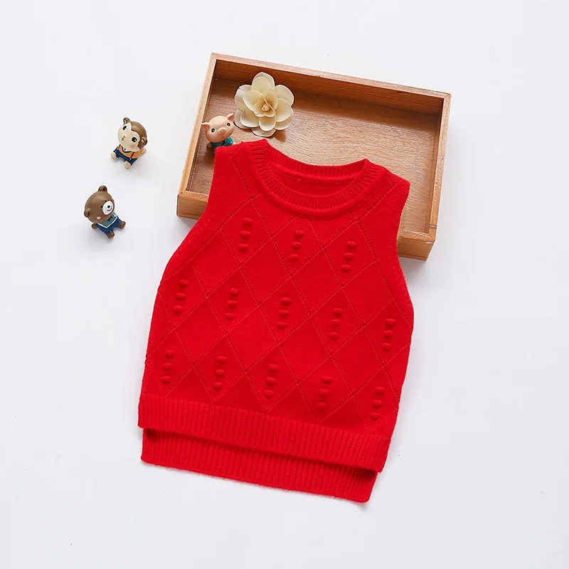 Hollow Out Baby Girl Sweater Vest Diamond Pattern O-Neck Sweet Princess Sleeveless Outfit Children's Knitting Pullover High Quality (9)