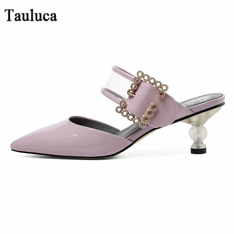 

Belt Buckle Pointed Toe Genuine Leather Slipper Sandals Female Strange Style Heels Transparent PVC Patent Women Shoes Large Size