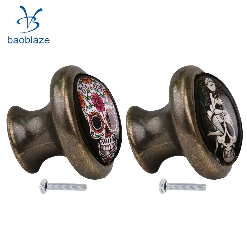 

2pcs Skull Pattern Vintage Metal Door Knob Cupboard Cabinet Bin Drawer Dresser Pulls Handle Knob Furniture Hardware #3