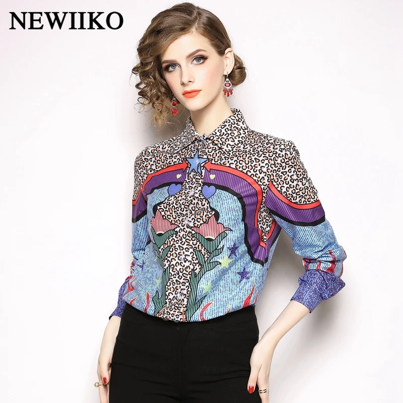 

Fashion Spring Autumn women turn-down collar casual Irregula print shirts long sleeve work shirt office lady top