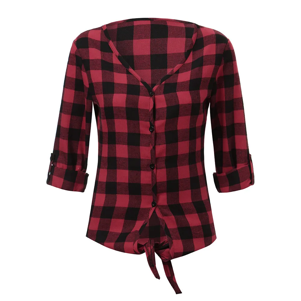 FREE OSTRICH Women New Arrival Classic Fashion Blouse Plaid V-neck Loose Female Casual Button Ladies Shirt Knotted Plus Size Top