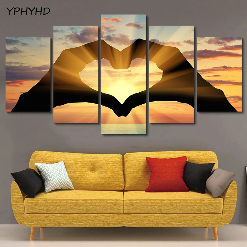 

YPHYHD 5 Panel HD Printed Modern Wall Art Framework Modular Sunrise Love Poster Pictures Home Decor Living Room Canvas Painting