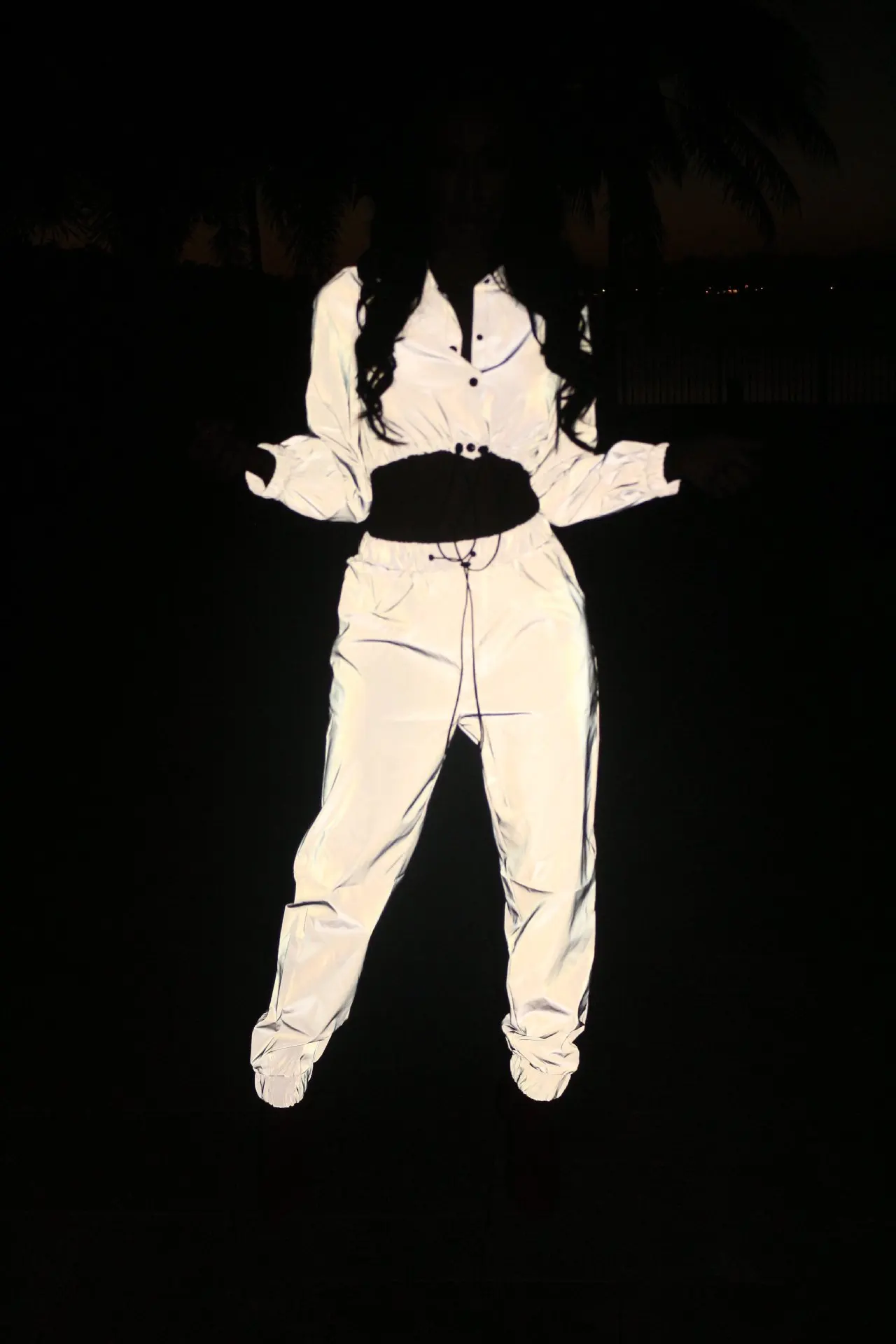 Women Sexy Reflective Tracksuit Night Version Buttons Turn Down Collar Long Sleeve Crop Top+ Casual Pants Two Piece Set