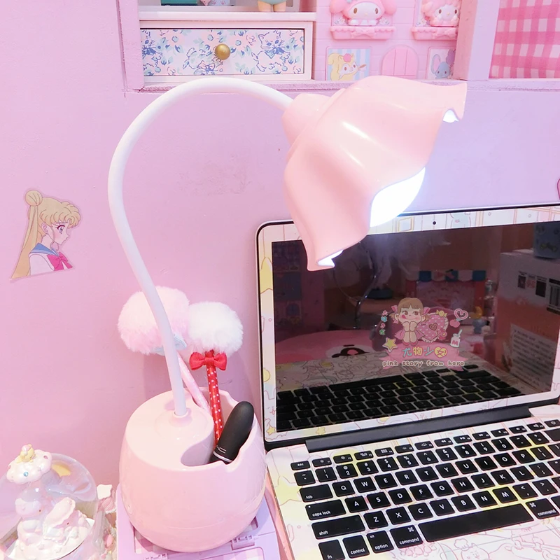 

Lovely 3 Levels Dimmer Reading Table Lamp Pen Case Base Student LED Desk Lamp Girls Charge Bedside Lamp for Bedroom Studyroom