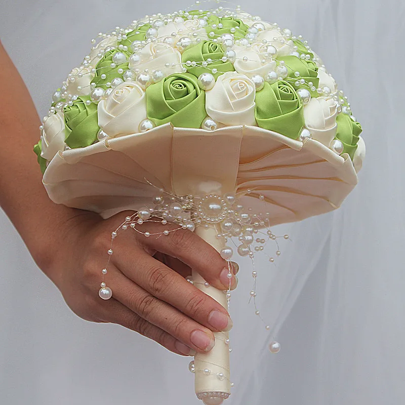 Marfim травяные Зеленые атласные розы для невесты, держащих цветы, свадебные buque de novia с жемчугом и бусинами, свадебный букет de mariage W3018