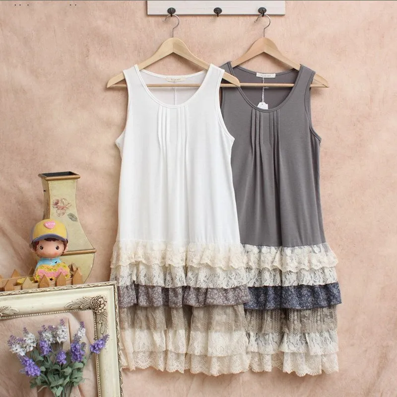 

Harajuku Mori Gir Style Multi-Layer Lace Layered Lolita Tank Dress Forest Girl Loose Casual Sleeveless Knee Length Dresses