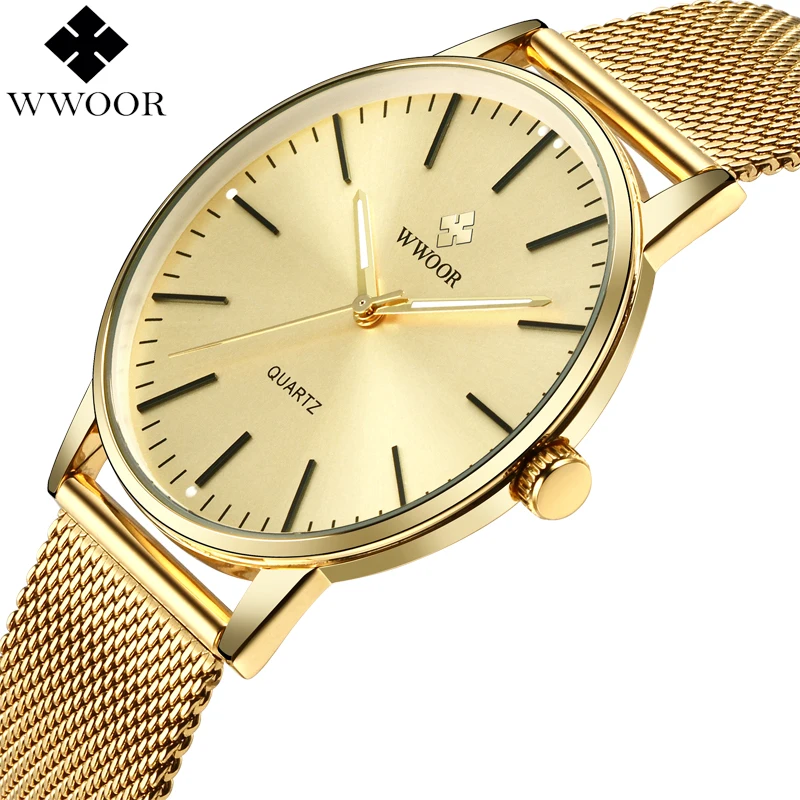 

WWOOR Men Slim Quartz Simple Watch Gold Steel Mesh Ultra Thin Men Watches Luxury Brand Waterproof Male Wrist Watch Golden Clock