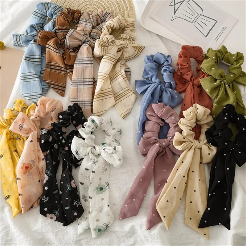 

1 pc New 2019 Women Girls Ribbon Chiffon Flower Hair Accessories Elastic Hair band Bow Dot Bohemian Round Elegant Scrunchies