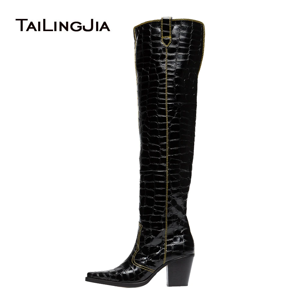 black over the knee mid heel boots