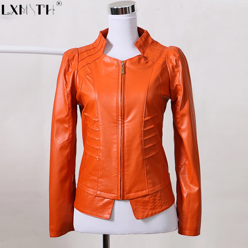 

2019 New Spring Plus Size Thin Faux Leather Coat Zipper Pu Moto Jacket Women Stand Collar Korean Slim Jackets Woman Orange 3XL