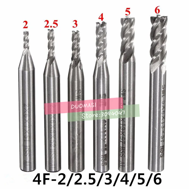 

6pcs/set 4 Flutes 2-6MM End Mill Diameter 2.0/2.5/3.0/4.0/5.0/6.0 Router Bit Set Straight Shank Milling Cutter CNC Tools