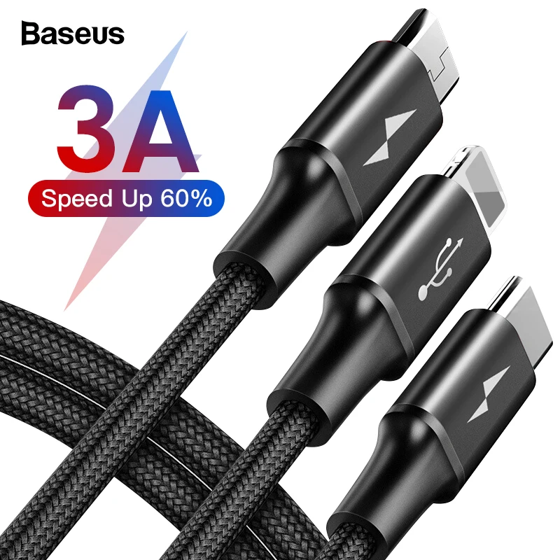 Baseus 3 in 1 USB Cable For iPhone XS Max XR X 8 7 Charging Charger Micro USB Cable 2 in 1 Mobile Phone USB Type c Type-c Cable