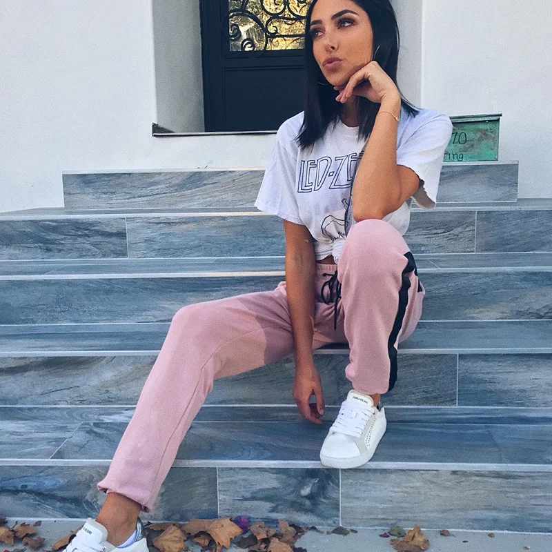 

Jo Kalin 2019 New Summer Fashion Women Sweatpants Ladies Loose High Waist Side Stripe Trousers Pantalon Femme