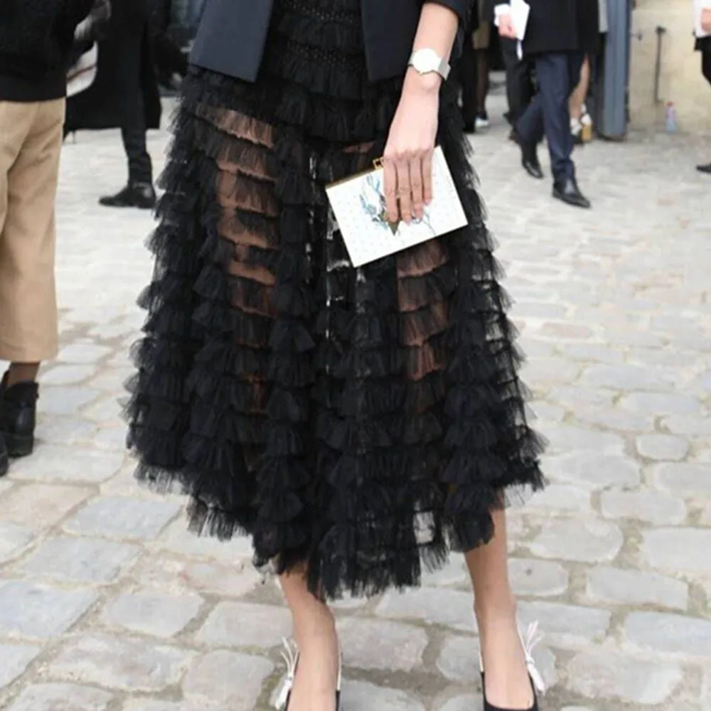 

stretch high waist ruffle a-line black white umbrella tulle skirt for women sexy fashion midi skirts womens faldas saia saias