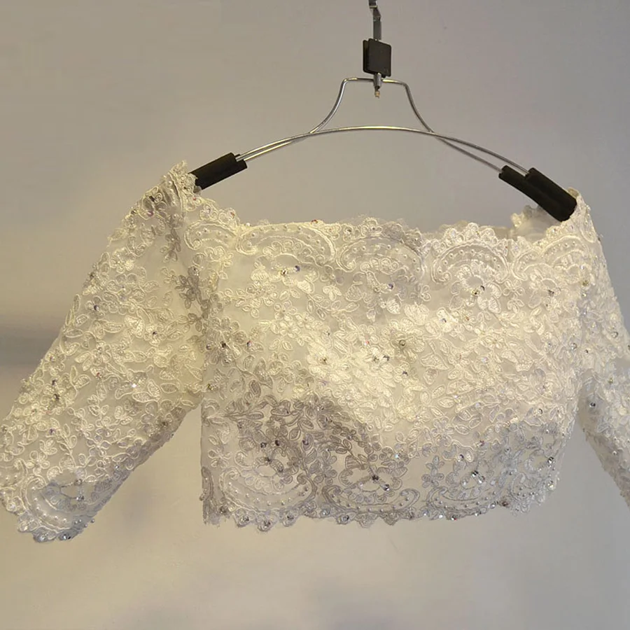 

True picture of the word collar 3/4 sleeve lace Beaded beautiful white red wedding lace bolero plus size bridal jacket cheap