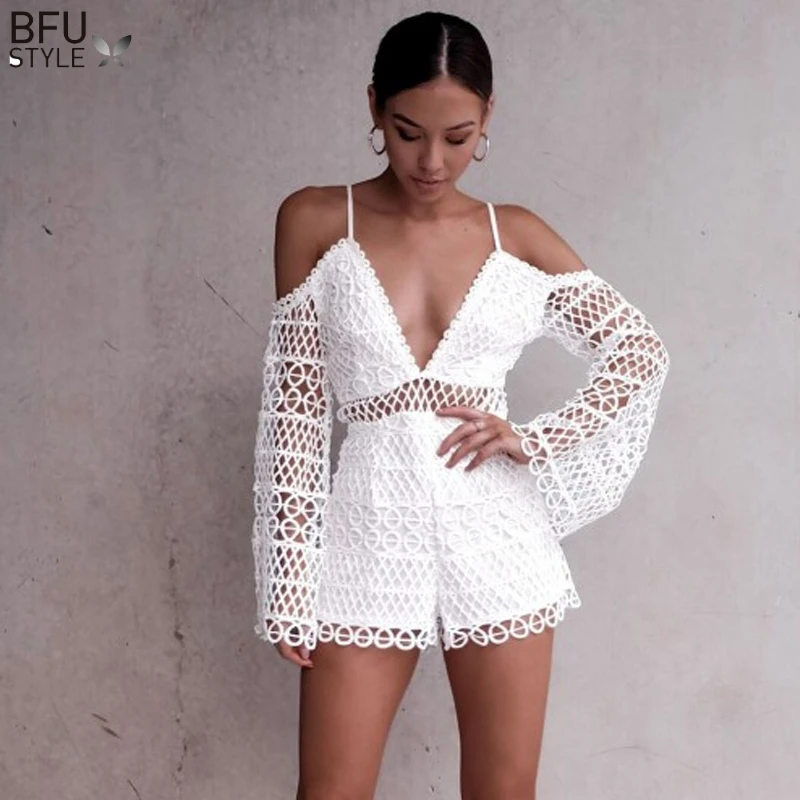 

Hollow Out Lace Rompers Women Sexy V Neck Off Shoulder Jumpsuit Clubwear Beach Party Short Romper Playsuit 2019 Mesh Overalls