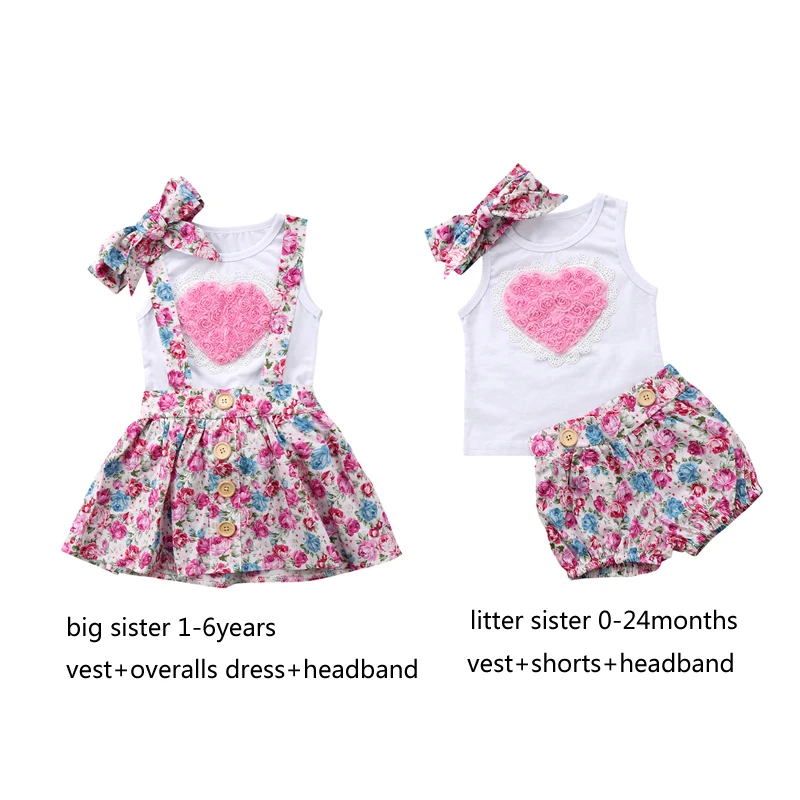 

Newborn Infant Baby Girls Cute Fashion Sister Family Matching Outfits Cotton Sleeveless Floral Print Shirt Tops Headband 3PCS