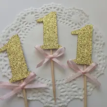 Золотой блеск кекс Toppers с розовым бантом на заказ номер 1 день рождения свадебные зубочистки для новобрачных, вечеринка в честь новорождённого вечерние украшения