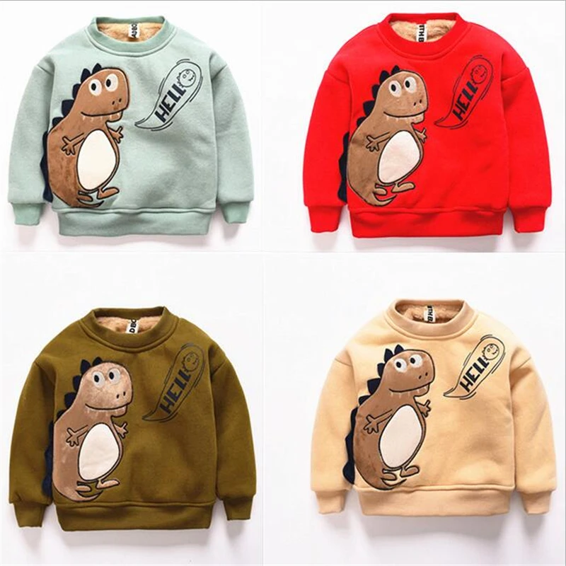 

2018 Winter Boy Warm Cashmere Sweater Baby Dinosaur Coat Thicken Plus Velvet Fleece Sweater Kids Outerwear For 6M-5T Children