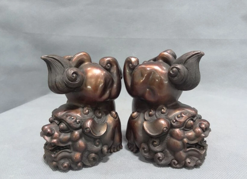 

S0266 Folk Chinese Pure Bronze FengShui Fine Foo Fu Dog Head Lion Man Statue Pair