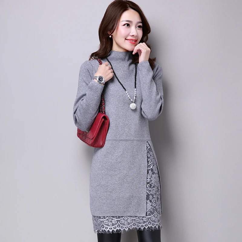 Женское трикотажное платье свитер с высоким воротником и длинным рукавом|dress