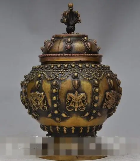 

S5129 8"Tibetan Buddhism Temple bronze Eight treasures statue Tanks Crock Pot Jar